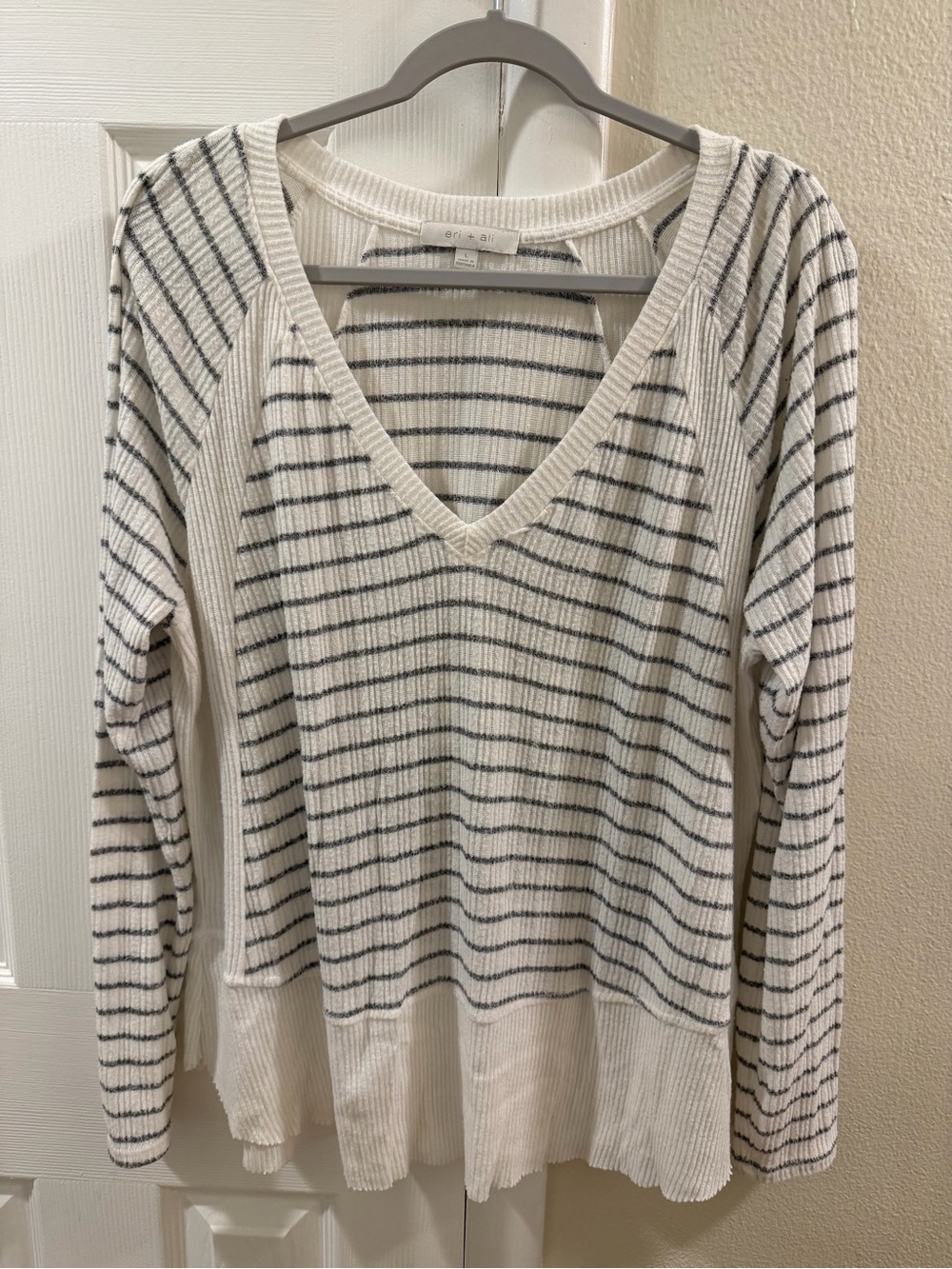 Eri+Ali from Anthropologie Cream V-Neck Ribbed Sweater with Black Stripes